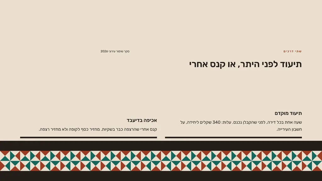 שקופית בעיצוב בלטה: השוואה — עמודים. שני עמודי אריחים זה מול זה על רצפת בלטות: תיעוד לפני היתר, או קנס אחרי