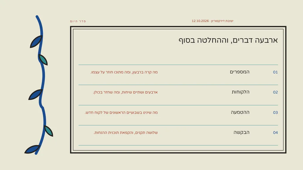 שקופית בעיצוב זיגוג: סדר יום — שורות. ארבעה דברים, וההחלטה בסוף
