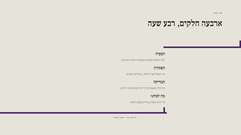 ארבעת חלקי ההצגה במדרגות: הבעיה, הפתרון, הבדיקה ומה למדנו